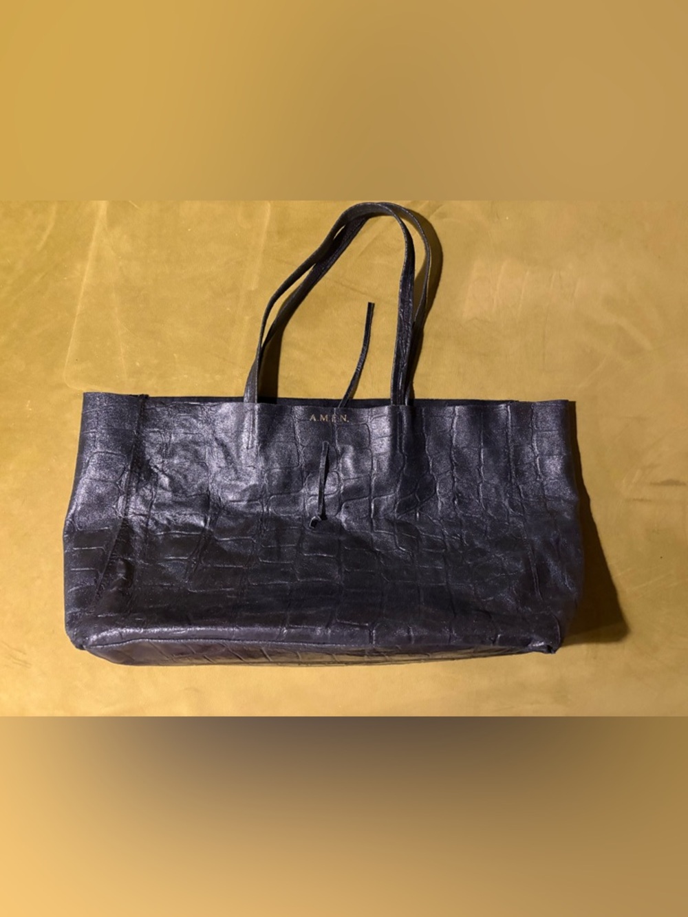 Black Croc-Embossed Leather Tote Bag